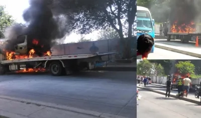 Momento del incendio del motocarro, las motos y la grúa.
