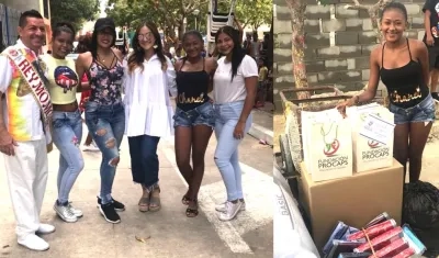 Las reinas con el Rey Momo y las donaciones entregadas a Lilia Orozco.