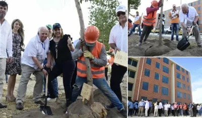 Autoridades locales y deportivas durante la siembra de árboles. 