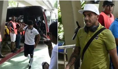 El delantero de Junior, Teófilo Gutiérrez y el atacante de Boca, Carlos Tévez.