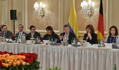 El Presidente Santos durante su encuentro con empresarios en Berlín.