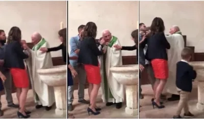 Momento del incidente en la pila bautismal.