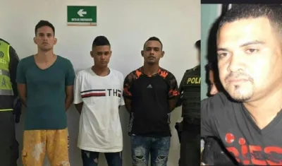De izquierda a derecha, Cristian Giraldo González, Carlos Montoya Barandica y Jorge Manuel Escorcia Montoya, alias 'El York'. Al lado,  la víctima Jorge Alberto Ducon.