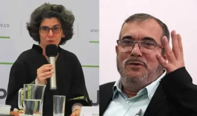 Julieta Lemaitre, presidenta de la Sala de Reconocimiento de la JEP, y Rodrigo Londoño, "Timochenko"