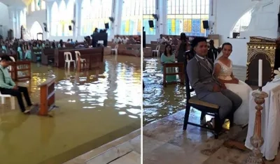 Matrimonio de Jefferson y Jobel de los Ángeles en templo inundado de Filipinas.