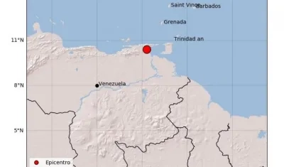 El punto rojo es el epicentro del sismo ocurrido esta tarde, que se sintió en Colombia y Venezuela.