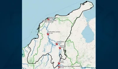 Mapa con algunos puntos con derrames o eventos con potenciales derrames en el área de la RAP-Caribe y el Río Magdalena.