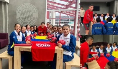 James compartiendo con las 11 niñas en la sede del Bayern. 