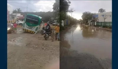 Un bus escolar a punto de volcarse y las calles inundadas.