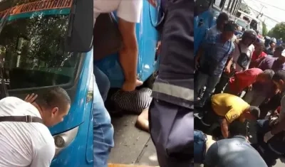 Momentos en que la mujer era auxiliada para ser sacada debajo de las llantas del bus. 