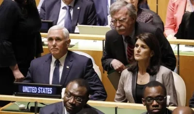 Mike Pence, vicepresidente estadounidense, John Bolton, asesor de seguridad nacional del presidente estadounidense, y la embajadora estadounidense ante Naciones Unidas, Nikki Haley.