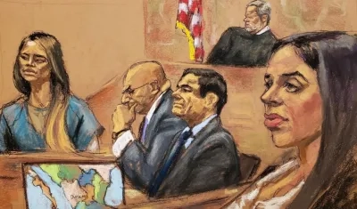 Dibujo realizado por la artista Jane Rosenberg donde aparece la exdiputada mexicana y amante de Joaquín "El Chapo" Guzmán, Lucero Guadalupe Sánchez (i)