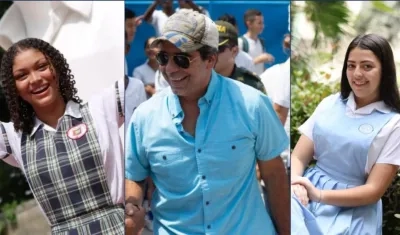 Valentina Pallares Castillo, de la IED Evardo Turizo, y Yuliana Zuluaga Saltarín, del colegio La Enseñanza, y el Alcalde Char.