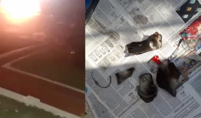 Momento del ataque y partes del artefacto que la lanzaron.