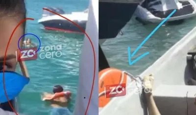 Valentina flotando en el mar (círculo azul) y su pie enredado en el flotador.