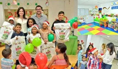 Katia Nule y Clemente Fajardo, junto a los niños migrantes.