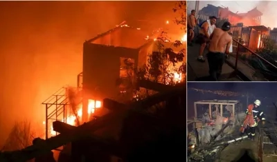 Varias personas intentan sofocar las llamas en sus viviendas que se han visto afectadas por un incendio forestal que alcanzó ayer en Valparaíso.