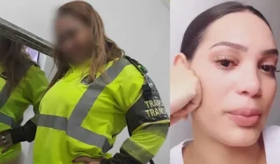 La mujer con el chaleco del policía y la modelo Andrea Valdiri.