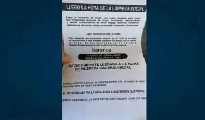 Este es el panfleto que apareció en el municipio.