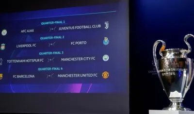 El trofeo de la Liga de Campeones de la UEFA junto a los emparejamientos de cuartos de final de la Liga de Campeones