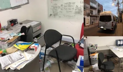 Las oficinas y la Van que se llevaron los delincuentes.