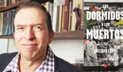 El escritor Gustavo López y la portada de su novela. 