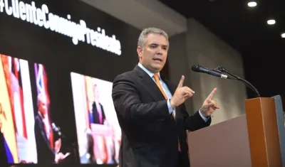 El Presidente Iván Duque, durante su intervención en la Cámara de Comercio de Bogotá.