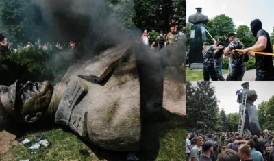 Vista de la estatua derribada del comandante de la Unión Soviética Gueorgui Zhúkov durante una manifestación este domingo en Járkov, Ucrania. 