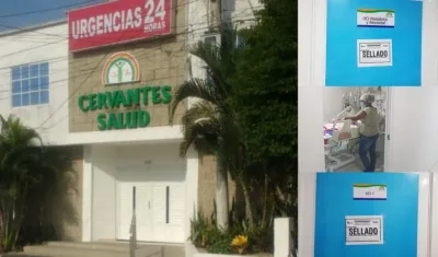 Fachada de la IPS Cervantes Salud y los sellos en UCI de adultos y Pediátrica.