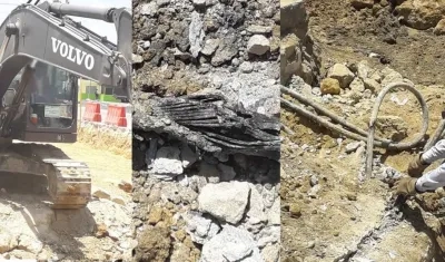 Retroexcavadora que provocó el incidente y el cable averiado.