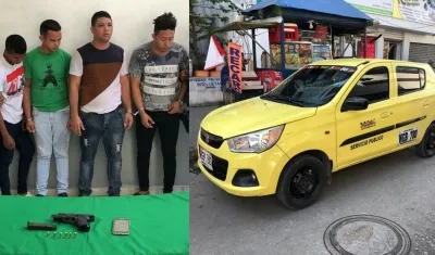 Los cuatro presuntos atracadores. Al lado, el taxi en el que huían.