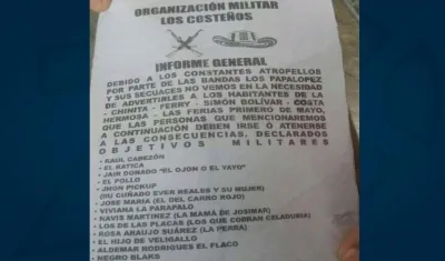Este es el panfleto que apareció en el suroriente de la ciudad.