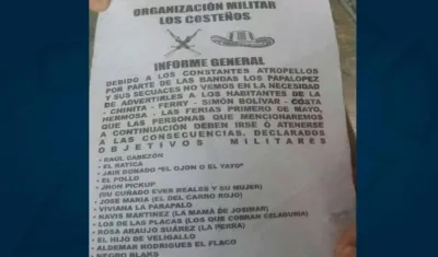 El supuesto panfleto de 'Los Costeños'.