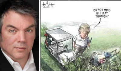 El caricaturista canadiense Michael de Adder y el dibujo de Donald Trump.