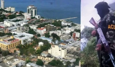 A la derecha se ve a un hombre armado en la Sierra Nevada portando el distintivo de las ACS. 