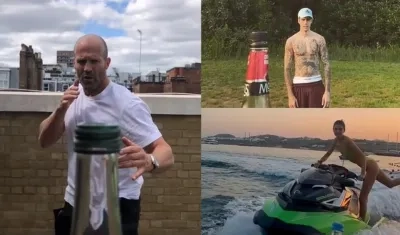 Jason Statham, Justin Bieber y Kendall Jenner realizando el reto.