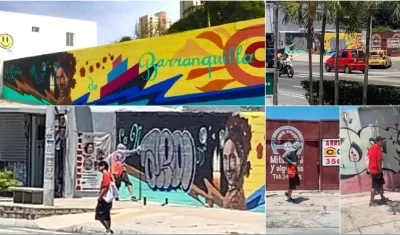 Imagen del antes y después del mural La Novia de Barranquilla en el par vial de la 50.