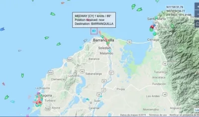 Localización de la draga en la zona de fondeo a las 1:42 am de este viernes.