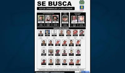 Cartel de capturados y de los más buscados por homicidios de líderes sociales.