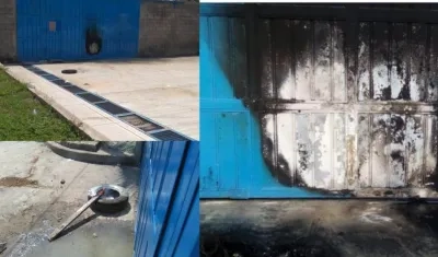 Así quedó una puerta, tras el intento de incendiar la estación de bombeo.