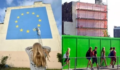 Antes y después del mural de Banksy sobre el Brexit.