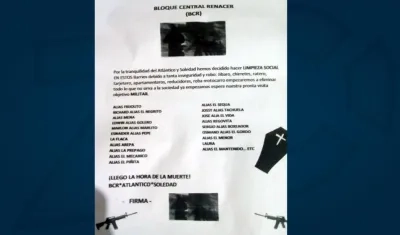 Panfleto amenazante circulado en barrios de Soledad.