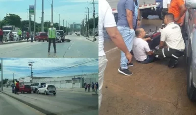 Vehículos involucrados en el accidente y el motociclista cuando era atendido en el sitio.