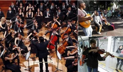 Fotografía fechada el 27 de septiembre de 2019 que muestra la Orquesta y el Coro Sinfónico de la Juventud, en la universidad Jorge Tadeo Lozano de Bogotá (Colombia).