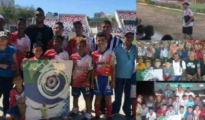 Miguel Ángel Borja con los niños de su fundación, quienes conocieron a los jugadores de Junior. 