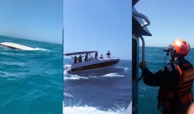 Embarcación volcada y miembros de la Armada.