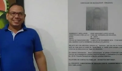 José Gregorio López Aguas y copia de la denuncia de su desaparición.