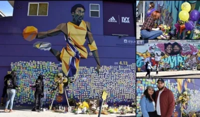 Fanáticos frente a los murales de Kobe Bryant. 