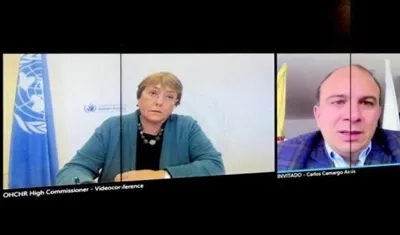 La alta comisionada de las Naciones Unidas para los DD.HH., Michelle Bachelet, y el defensor del pueblo, Carlos Camargo Assis.