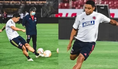 James Rodríguez y Luis Fernando Muriel, durante la práctica de este lunes.